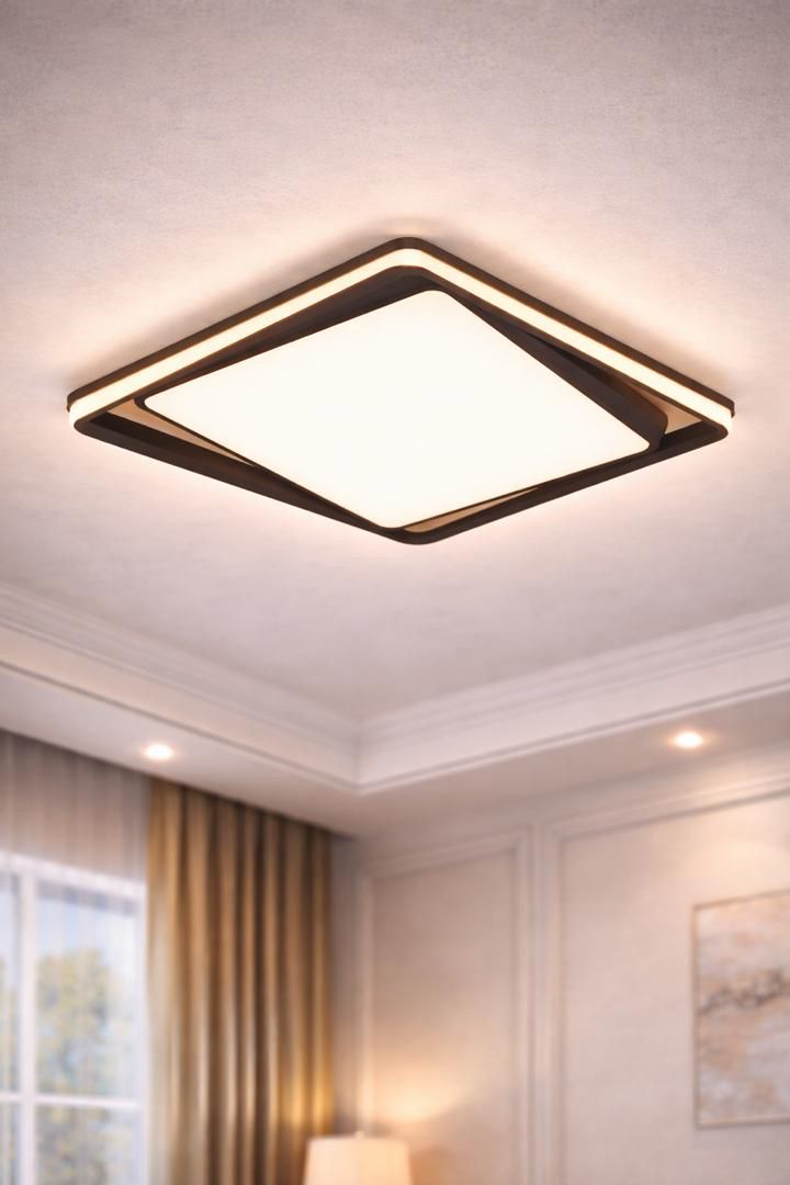 Square LED ceiling light with warm glow in a living room